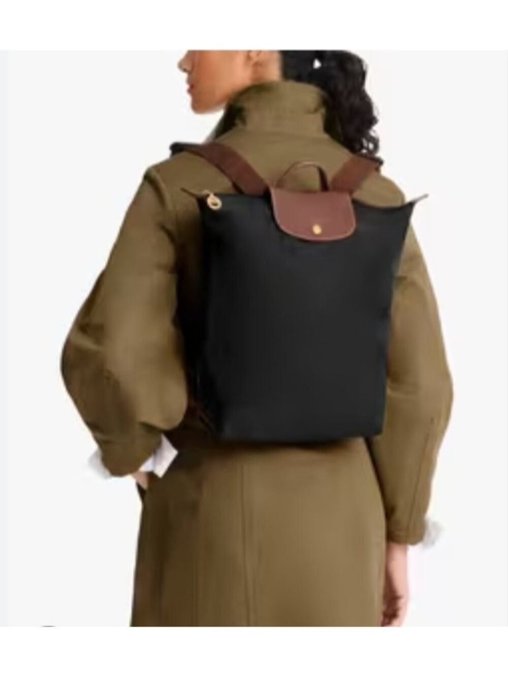 Longchamp Le Pliage Backpack Black Nylon Brown Leather Foldable NWOT